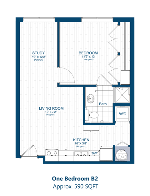 Floor plan for 1 bed, 1 bath, 590 sqft